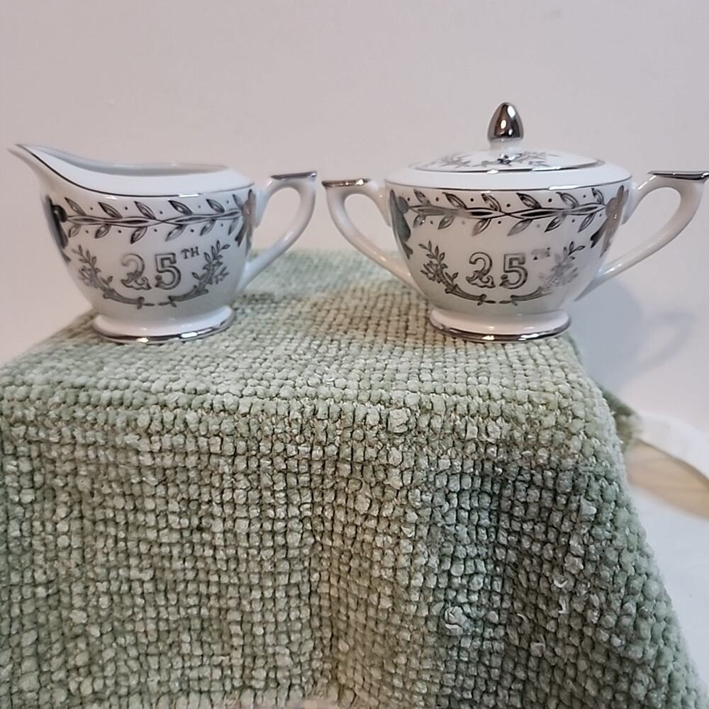 VTG Lefton China 25th Anniversary Creamer & Sugar Set Japan #280N White/silver